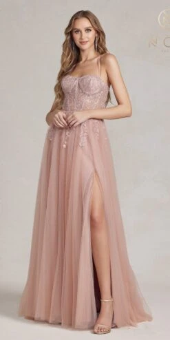 Nox Anabel J1089 Floor Length A-Line Tulle Gown With Slit(Nox Anabel J1089 Floor Length A Line Tulle Gown With Slit)