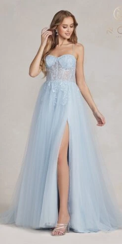 Nox Anabel J1089 Floor Length A-Line Tulle Gown With Slit(Nox Anabel J1089 Floor Length A Line Tulle Gown With Slit) -Discount Dress Shops J1089 ICEBLUE 1