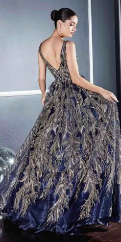 Cinderella Divine J812 Floral Embroidered Glitter A-Line Ball Gown(Floor Length Floral Embroidered Glitter Ball Gold Navy Blue Ball Gown) 12 Cinderella Divine J812 Floral Embroidered Glitter A-Line Ball Gown(Floor Length Floral Embroidered Glitter Ball Gold Navy Blue Ball Gown) -Discount Dress Shops J812 cinderella divine navy blue gold back