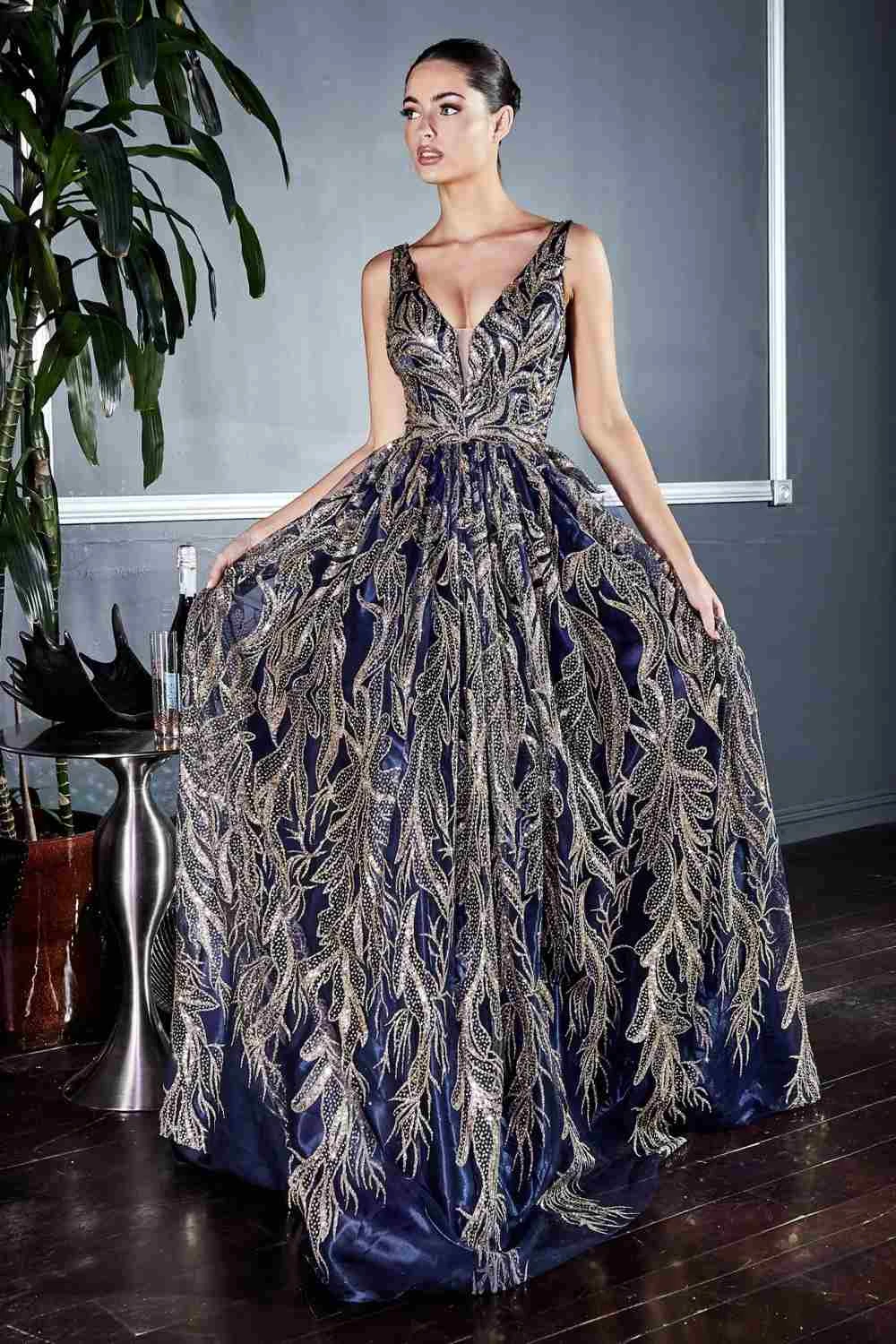 Cinderella Divine J812 Floral Embroidered Glitter A-Line Ball Gown(Floor Length Floral Embroidered Glitter Ball Gold Navy Blue Ball Gown) 7 Cinderella Divine J812 Floral Embroidered Glitter A-Line Ball Gown(Floor Length Floral Embroidered Glitter Ball Gold Navy Blue Ball Gown) - Image 7