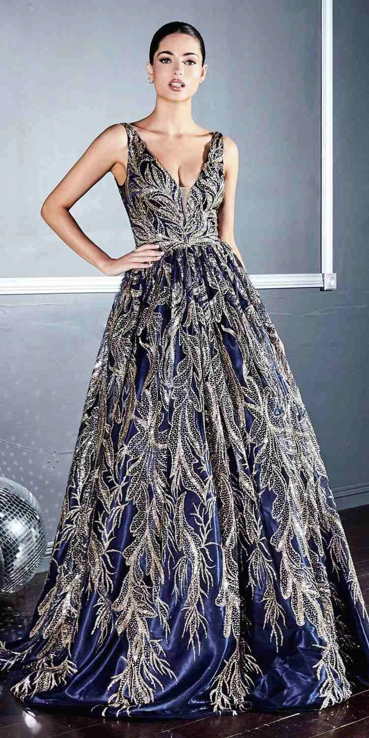 Cinderella Divine J812 Floral Embroidered Glitter A-Line Ball Gown(Floor Length Floral Embroidered Glitter Ball Gold Navy Blue Ball Gown) 5 Cinderella Divine J812 Floral Embroidered Glitter A-Line Ball Gown(Floor Length Floral Embroidered Glitter Ball Gold Navy Blue Ball Gown) - Image 5