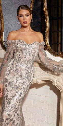 Cinderella Divine J816 Removable Long Sleeve Off The Shoulder Gown(Removable Long Sleeve Off The Shoulder Gown By Cinderella Divine J816) -Discount Dress Shops J816 silvernude