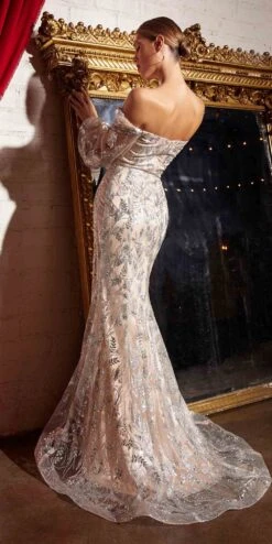 Cinderella Divine J816 Removable Long Sleeve Off The Shoulder Gown(Removable Long Sleeve Off The Shoulder Gown By Cinderella Divine J816) -Discount Dress Shops J816 silvernude 3