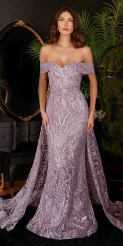 Ladivine J836 Long Off The Shoulder Lace Gown With Over Skirt(Ladivine J836 Long Off The Shoulder Lace Gown With Over Skirt)
