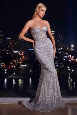 Ladivine J871 Long Sultry Fitted Strapless Embellished Gown(Ladivine J871 Long Sultry Fitted Strapless Embellished Gown) -Discount Dress Shops J871 LADIVINE SILVER