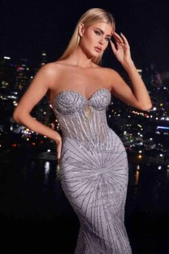 Ladivine J871 Long Sultry Fitted Strapless Embellished Gown(Ladivine J871 Long Sultry Fitted Strapless Embellished Gown) -Discount Dress Shops J871 LADIVINE SILVER ZOOM