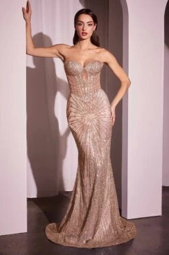 Ladivine J871 Long Sultry Fitted Strapless Embellished Gown(Ladivine J871 Long Sultry Fitted Strapless Embellished Gown) -Discount Dress Shops J871 rose gold front