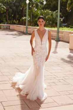 Nox Anabel JE917 V-Neck Mermaid Dress Lace And Tulle Skirt(V Neck Mermaid Dress Lace And Tulle Skirt By Nox Anabel Je917) -Discount Dress Shops JE917WHITE NUDE 6