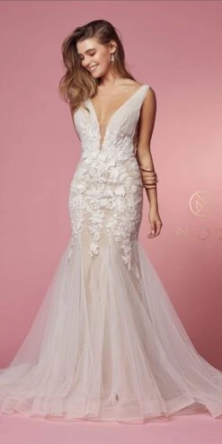 Nox Anabel JE917 V-Neck Mermaid Dress Lace And Tulle Skirt(V Neck Mermaid Dress Lace And Tulle Skirt By Nox Anabel Je917) -Discount Dress Shops JE917 WHITE NUDE 9