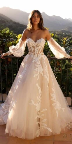 Nox Anabel JE990L Long Puff Sleeve Strapless Corset A-Line Bridal Gown(Nox Anabel Je990l Long Puff Sleeve Strapless Corset A Line Bridal Gown)