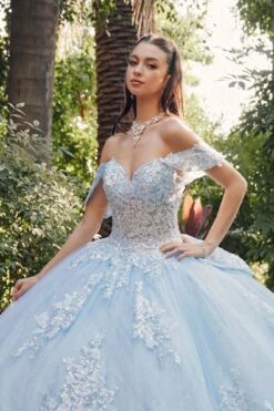 Juliet JT1458J Off The Shoulder Draped Sleeve Cathedral Train Quince Dress(Juliet Jt1458j Off The Shoulder Draped Sleeve Cathedral Train Quince Dress) -Discount Dress Shops JT1458JBAHAMABLUE 1