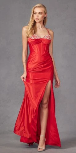 Juliet JT2434A Long V-Neck Embellished Corset Bodice Fitted Mermaid Gown(Juliet Jt2434a Long V Neck Embellished Corset Bodice Fitted Mermaid Gown) -Discount Dress Shops JT2434ARED 1