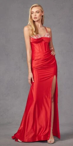 Juliet JT2434A Long V-Neck Embellished Corset Bodice Fitted Mermaid Gown(Juliet Jt2434a Long V Neck Embellished Corset Bodice Fitted Mermaid Gown) -Discount Dress Shops JT2434ARED 3