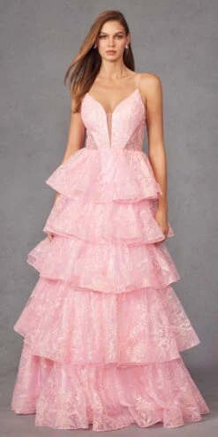Juliet JT2438K Long Glitter Print Layered Tiered A-Line Gown(Juliet Jt2438k Long Glitter Print Layered Tiered A Line Gown) -Discount Dress Shops JT2438KCANDYPINK 1