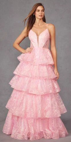 Juliet JT2438K Long Glitter Print Layered Tiered A-Line Gown(Juliet Jt2438k Long Glitter Print Layered Tiered A Line Gown) -Discount Dress Shops JT2438KCANDYPINK 2