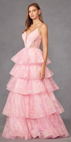 Juliet JT2438K Long Glitter Print Layered Tiered A-Line Gown(Juliet Jt2438k Long Glitter Print Layered Tiered A Line Gown) -Discount Dress Shops JT2438KCANDYPINK 3