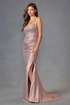 Juliet JT2494S Dress Sleeveless Metallic Fitted Evening Gown(Juliet Jt2494s Dress Sleeveless Metallic Fitted Evening Gown) -Discount Dress Shops JT2494S JULIET RUST GOLD SHOWROOM SIDE