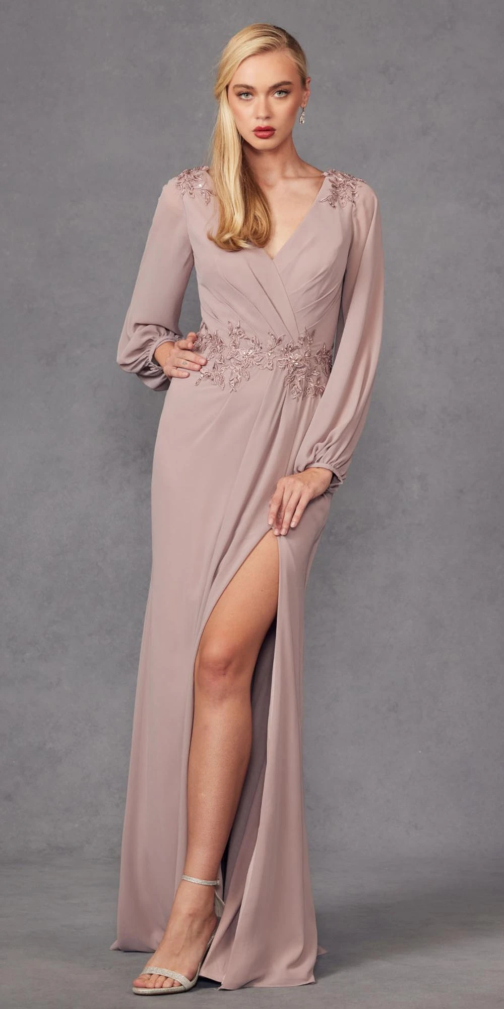 Juliet JTM16A Long Sleeve V-Neck Embroidered Applique Evening Gown(Juliet Jtm16a Long Sleeve V Neck Embroidered Applique Evening Gown) 4 Juliet JTM16A Long Sleeve V-Neck Embroidered Applique Evening Gown(Juliet Jtm16a Long Sleeve V Neck Embroidered Applique Evening Gown) - Image 4