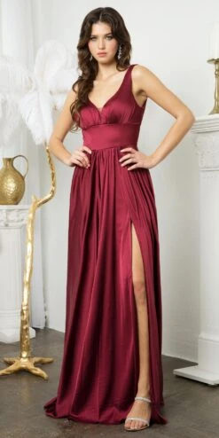 Juno 958 Floor Length Stretch Satin V-Neck A-Line Dress With Pockets And Slit(Juno 958 Floor Length Stretch Satin V Neck A Line Dress With Pockets And Slit)