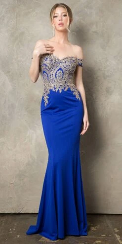 CLEARANCE - Juno 932 Off-Shoulder Embroidered Top Appliqued Long Dress (Size 2XL)(Clearance Juno 932 Off Shoulder Embroidered Top Appliqued Long Dress Size 2xl) -Discount Dress Shops JUNO 932 ROYAL F1 1