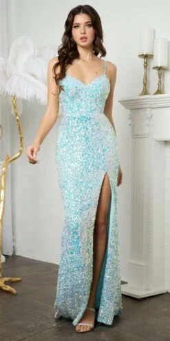 Juno M1014 Floor Length Sheath Sequins Gown Spaghetti Straps Leg Slit(Juno M1014 Floor Length Sheath Sequins Gown Spaghetti Straps Leg Slit)