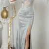 Juno M1017 Floor Length Metallic Fitted Evening Gown Slit Embroidery(Juno M1017 Floor Length Metallic Fitted Evening Gown Slit Embroidery)