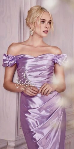 Cinderella Divine KV1056 Fitted Gathered Satin Gown(Fitted Gathered Satin Gown By Cinderella Divine Kv1056) -Discount Dress Shops KV1056 lavender 1