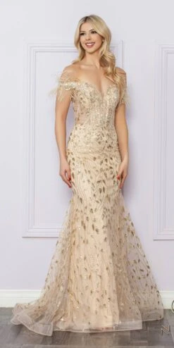 Nox Anabel L1255 Long Embroidered Glitter Applique Fitted Gown(Nox Anabel L1255 Long Embroidered Glitter Applique Fitted Gown) -Discount Dress Shops L1255 CHAMPAGNE 10