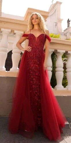Nox Anabel L1362 Long Cold Shoulder Applique Tulle Overskirt Gown(Nox Anabel L1362 Long Cold Shoulder Applique Tulle Overskirt Gown) -Discount Dress Shops L1362BURGUNDY 0