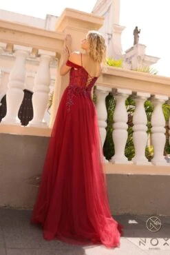 Nox Anabel L1362 Long Cold Shoulder Applique Tulle Overskirt Gown(Nox Anabel L1362 Long Cold Shoulder Applique Tulle Overskirt Gown) -Discount Dress Shops L1362BURGUNDY 1