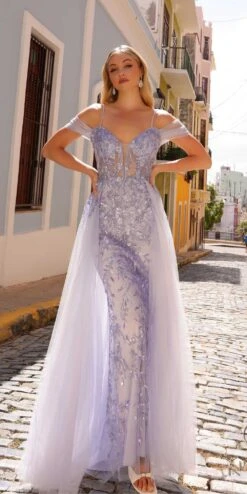 Nox Anabel L1362 Long Cold Shoulder Applique Tulle Overskirt Gown(Nox Anabel L1362 Long Cold Shoulder Applique Tulle Overskirt Gown)