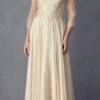 Juliet M12 Quarter Sleeved Embroidered Long A-Line Chiffon Dress(Quarter Sleeved Embroidered Long Formal Dress Mauve)