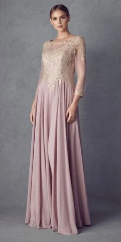Juliet M12 Quarter Sleeved Embroidered Long A-Line Chiffon Dress(Quarter Sleeved Embroidered Long Formal Dress Mauve) -Discount Dress Shops M12 Mauve Front