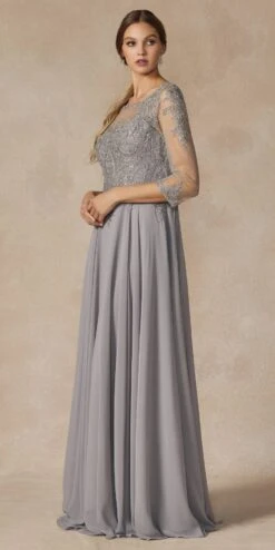 Juliet M12 Quarter Sleeved Embroidered Long A-Line Chiffon Dress(Quarter Sleeved Embroidered Long Formal Dress Mauve) -Discount Dress Shops M12 SILVER SIDE