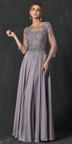 Juliet M12 Quarter Sleeved Embroidered Long A-Line Chiffon Dress(Quarter Sleeved Embroidered Long Formal Dress Mauve) -Discount Dress Shops M12 Silver Front