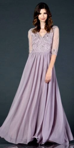 CLEARANCE - Aspeed USA M2078 Sheer Mid-Length Sleeve Long Dress (Size M)(Sheer Mid Length Sleeve Long Mauve Formal Dress V Neck)