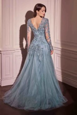 Andrea & Leo MA108 Dress Lace Layered Tulle Long Sleeve Gown(Andrea Leo Ma108 Dress Lace Layered Tulle Long Sleeve Gown) 9 Andrea & Leo MA108 Dress Lace Layered Tulle Long Sleeve Gown(Andrea Leo Ma108 Dress Lace Layered Tulle Long Sleeve Gown) -Discount Dress Shops MA108 DUSTY BLUE back