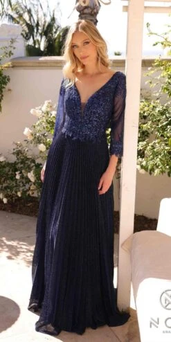Nox Anabel MF102 Long Applique 3/4 Sleeve Pleated A-line Glitter Gown(Nox Anabel Mf102 Long Applique 3 4 Sleeve Pleated A Line Glitter Gown) -Discount Dress Shops MF102NAVY10298 a1791d1c 16df 4c1a b659 8bd53896edb3