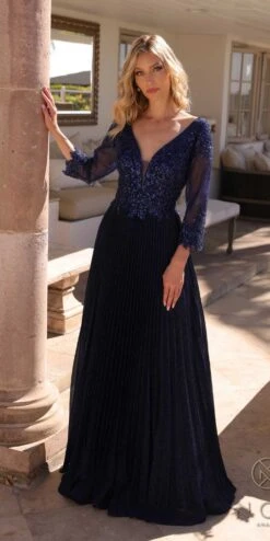Nox Anabel MF102 Long Applique 3/4 Sleeve Pleated A-line Glitter Gown(Nox Anabel Mf102 Long Applique 3 4 Sleeve Pleated A Line Glitter Gown) -Discount Dress Shops MF102NAVY10306 03c3c69c 4bc4 41e1 b3c9 95033df09f42