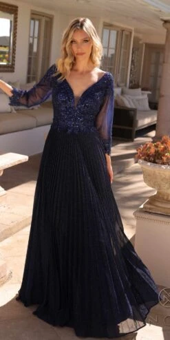 Nox Anabel MF102 Long Applique 3/4 Sleeve Pleated A-line Glitter Gown(Nox Anabel Mf102 Long Applique 3 4 Sleeve Pleated A Line Glitter Gown) -Discount Dress Shops MF102NAVY10307 589b4551 a6d8 4a25 b112 a912e00fe5cf