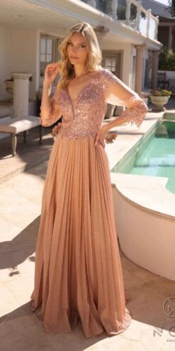 Nox Anabel MF102 Long Applique 3/4 Sleeve Pleated A-line Glitter Gown(Nox Anabel Mf102 Long Applique 3 4 Sleeve Pleated A Line Glitter Gown) -Discount Dress Shops MF102ROSEGOLD10377 afd952f5 8c30 4427 87d9 9d2ea775259c