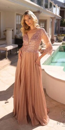 Nox Anabel MF102 Long Applique 3/4 Sleeve Pleated A-line Glitter Gown(Nox Anabel Mf102 Long Applique 3 4 Sleeve Pleated A Line Glitter Gown) -Discount Dress Shops MF102ROSEGOLD10380 39580c83 3d96 4ec0 8a1e e445941d7798
