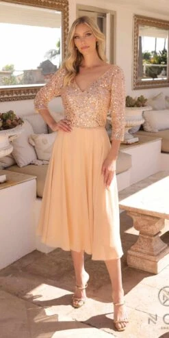 Nox Anabel MF104 Tea Length Sequin Bodice Short 3/4 Sleeve Dress(Nox Anabel Mf104 Tea Length Sequin Bodice Short 3 4 Sleeve Dress) -Discount Dress Shops MF104GOLD10623 bfe39581 040e 4514 9aa9 c809384bbabd