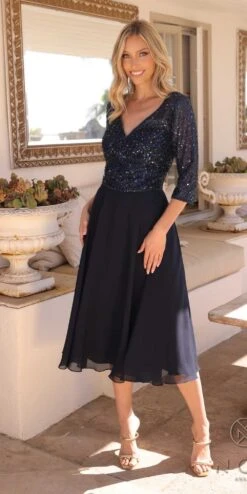 Nox Anabel MF104 Tea Length Sequin Bodice Short 3/4 Sleeve Dress(Nox Anabel Mf104 Tea Length Sequin Bodice Short 3 4 Sleeve Dress)