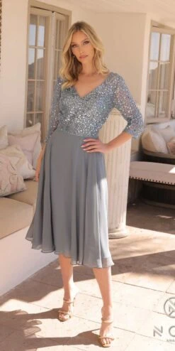 Nox Anabel MF104 Tea Length Sequin Bodice Short 3/4 Sleeve Dress(Nox Anabel Mf104 Tea Length Sequin Bodice Short 3 4 Sleeve Dress) -Discount Dress Shops MF104SMOKYBLUE10791 9c28cd7d 5834 407b 8138 98993dec62b8
