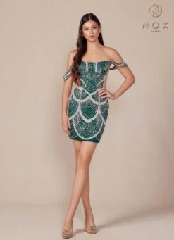Nox Anabel Q839 Short Off The Shoulder Beaded Cocktail Dress(Nox Anabel Q839 Short Off The Shoulder Beaded Cocktail Dress) -Discount Dress Shops Q839 nox anabel emerald3