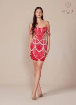 Nox Anabel Q839 Short Off The Shoulder Beaded Cocktail Dress(Nox Anabel Q839 Short Off The Shoulder Beaded Cocktail Dress) -Discount Dress Shops Q839 nox anabel red