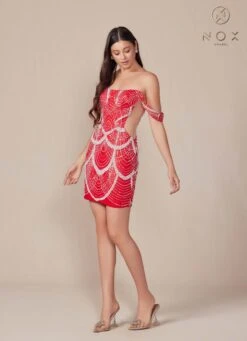 Nox Anabel Q839 Short Off The Shoulder Beaded Cocktail Dress(Nox Anabel Q839 Short Off The Shoulder Beaded Cocktail Dress) -Discount Dress Shops Q839 nox anabel red side