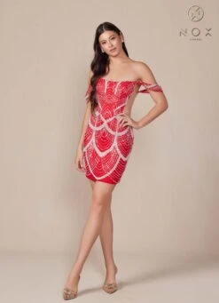 Nox Anabel Q839 Short Off The Shoulder Beaded Cocktail Dress(Nox Anabel Q839 Short Off The Shoulder Beaded Cocktail Dress) -Discount Dress Shops Q839 nox anabel red side2