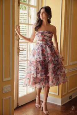 Nox Anabel Q842 Floral Print A-Line Tea Length Dress(Nox Anabel Q842 Floral Print A Line Tea Length Dress) -Discount Dress Shops Q842 BLUSH 18